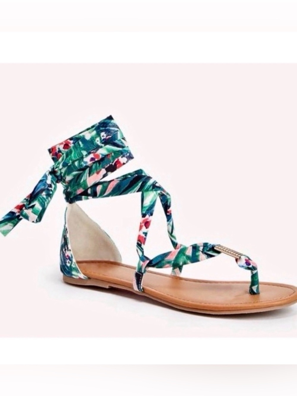 JustFab Lilly Tropical Palm Lace Up Gladiator Sandals Wide Width 8W Green Floral